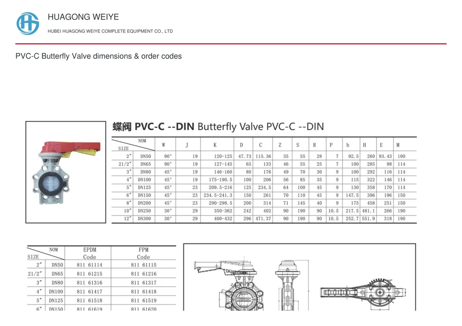 PVC-C Butterfly Valve dimensions & order codes