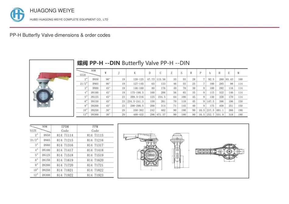 PP-H Butterfly Valve dimensions & order codes