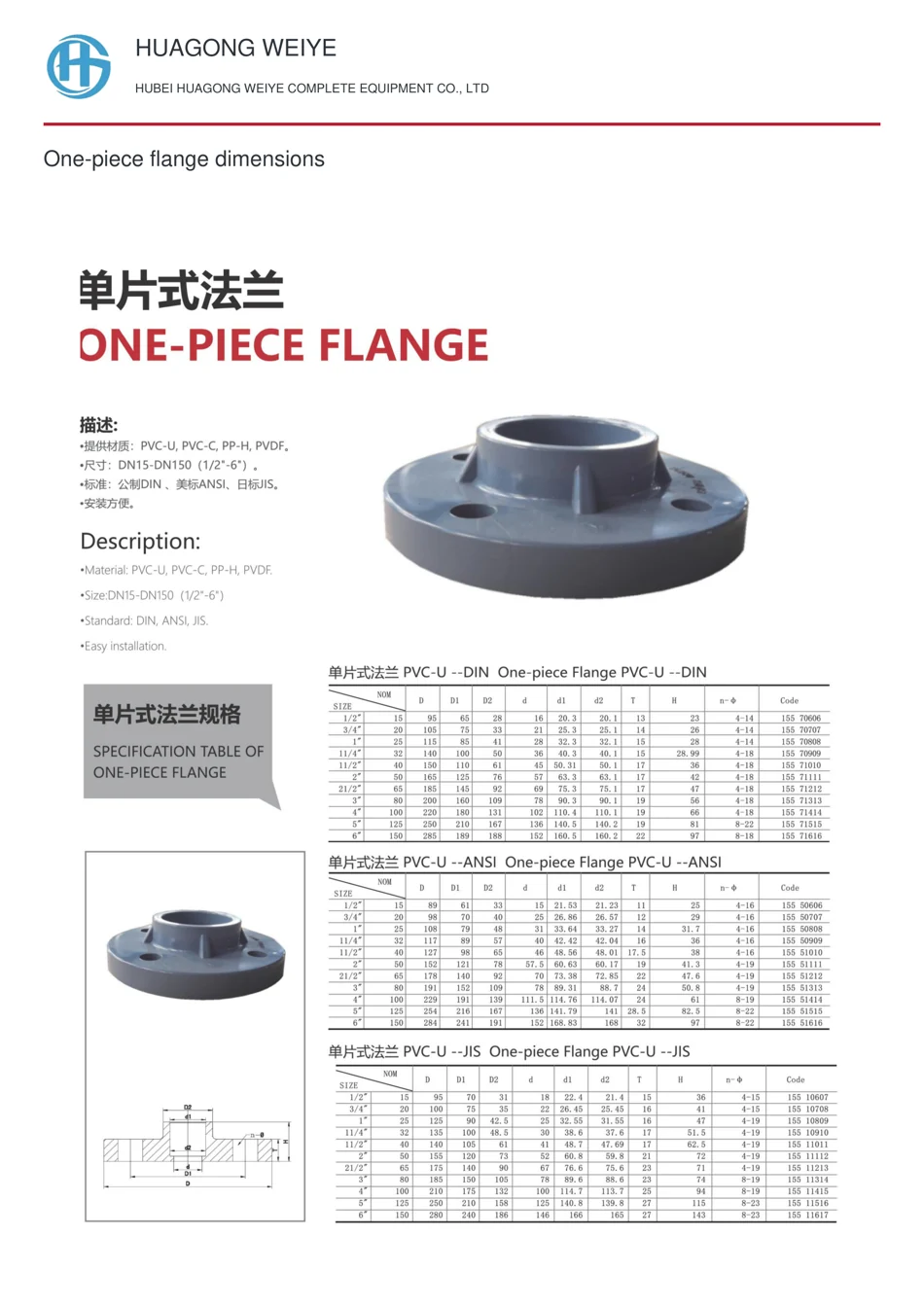 One-piece flange dimensions